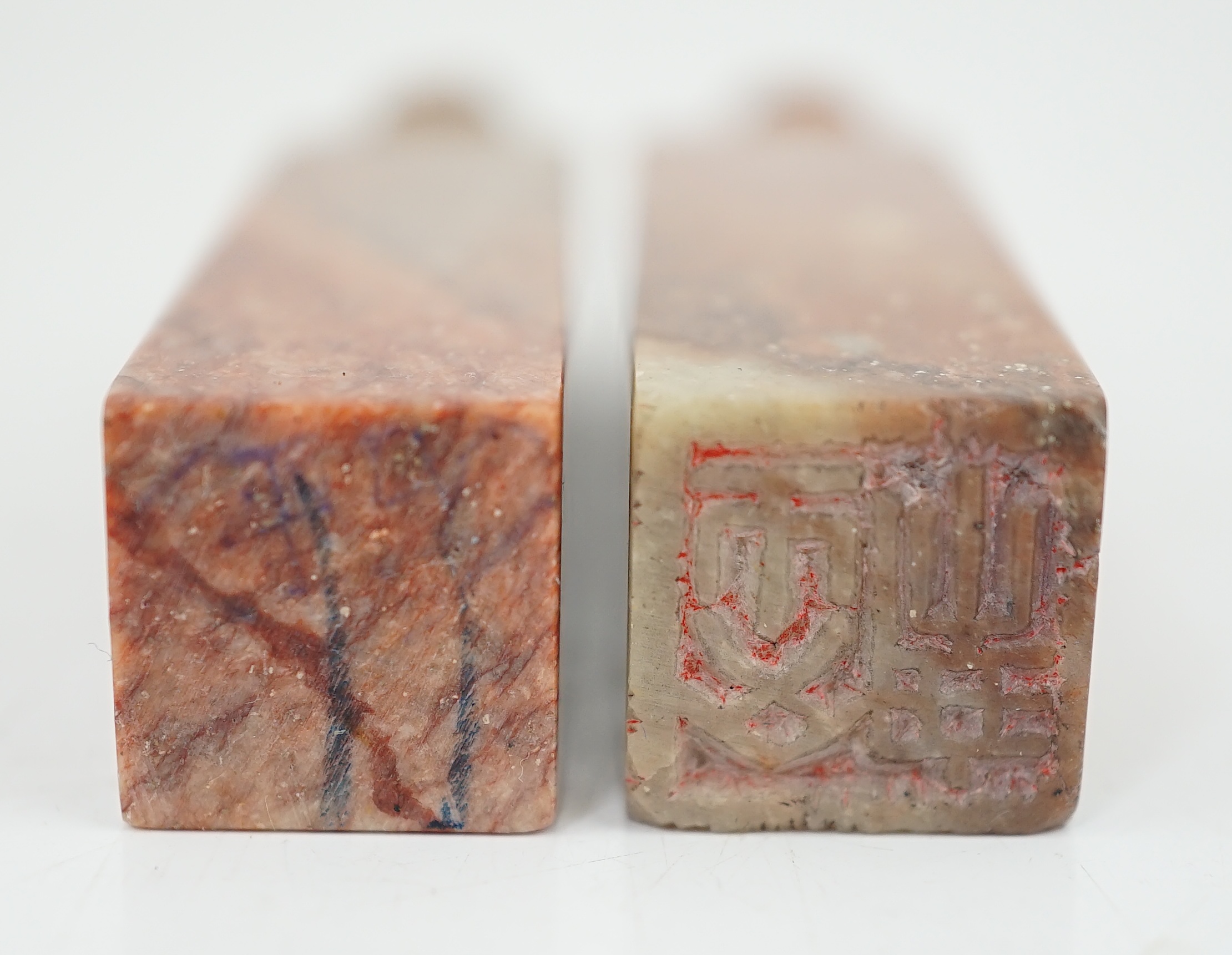 A group of nine Chinese soapstone literati seals, and a similar example in agate